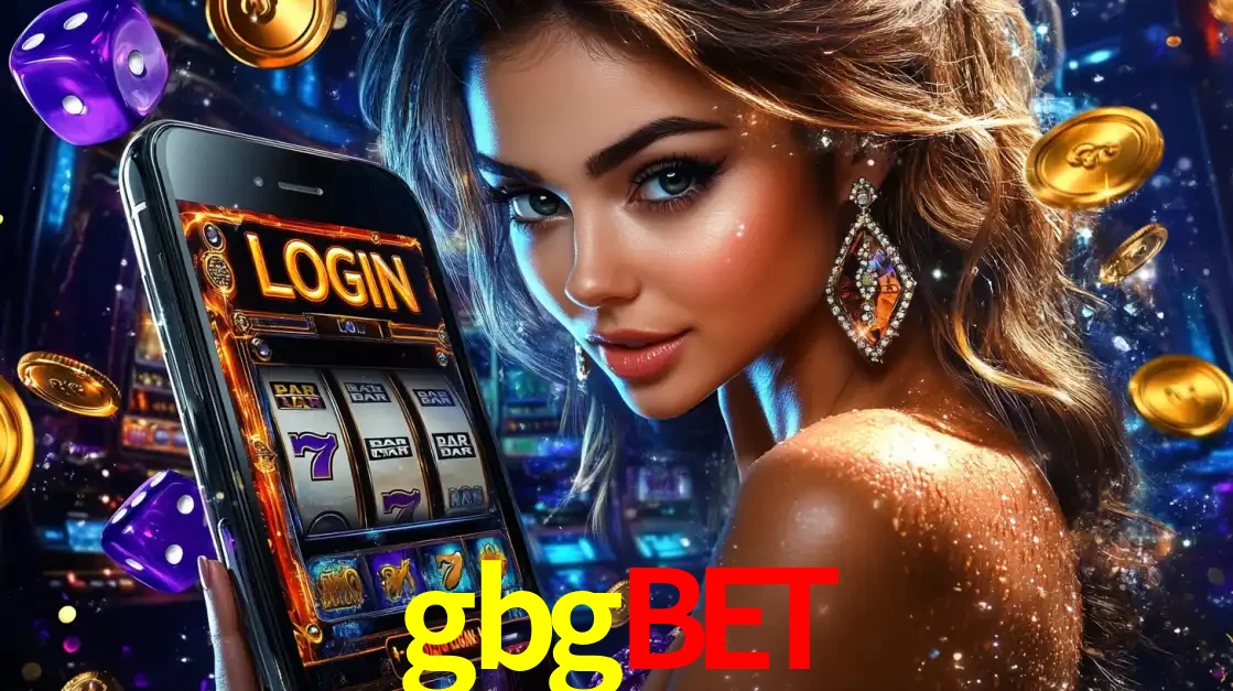 Mulher glamorosa segurando um smartphone com a tela de login para os jogos de caça-níqueis do cassino online gbgbet, com moedas de ouro e dados ao redor.